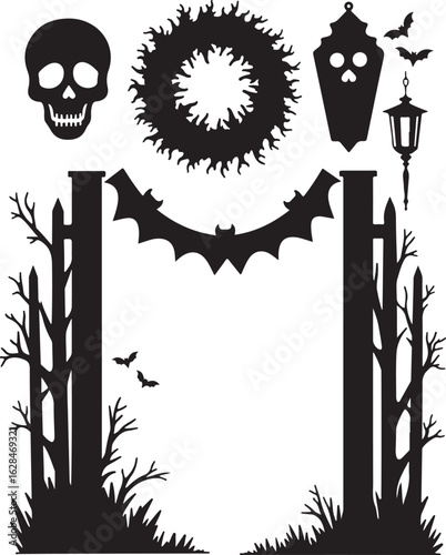 Spooky Halloween silhouette scene with skull, bats, and trees