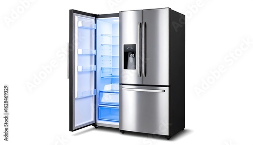 Modern refrigerator open, lit interior