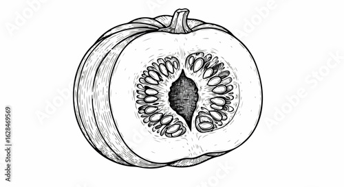 Detailed cross-section of a ripe pumpkin showcasing its textured flesh and numerous seeds, rendered in a classic ink sketch style for a rustic, natural feel.