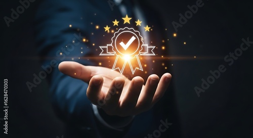 Businessman holding a glowing quality assurance award with stars and checkmark certification