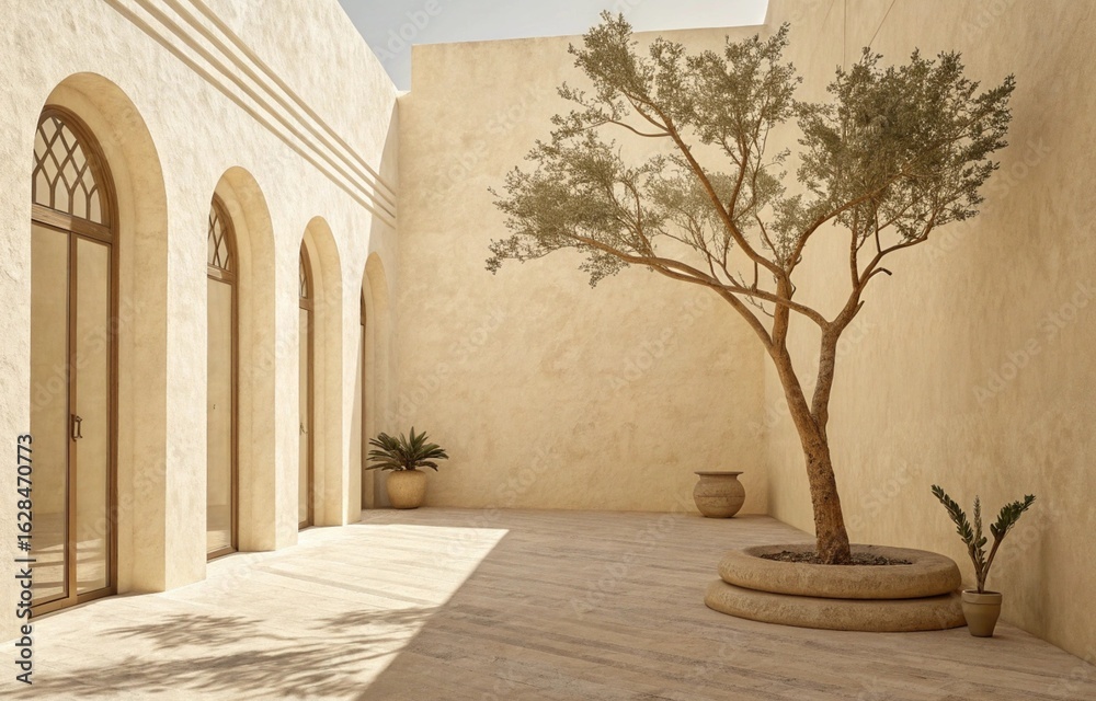 Fototapeta premium Minimalist Mediterranean courtyard with olive tree, arched windows, warm neutral tones, serene architectural design, natural earthy atmosphere