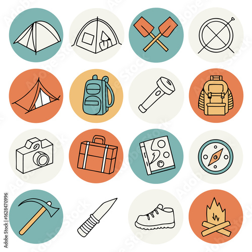 A collection of hand drawn icons representing camping and outdoor adventure gear including tents backpacks and navigational tools presented in a circular grid