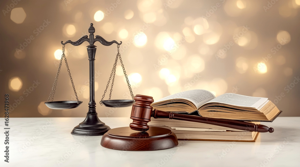 Law. classic legal symbols on a clean, light-colored surface. A traditional dark metal scale of justice with empty pans stands prominently, with a wooden judge's gavel resting Law. classic legal symbols on a clean, light-colored surface. A traditional dark metal scale of justice with empty pans stands prominently, with a wooden judge's gavel resting