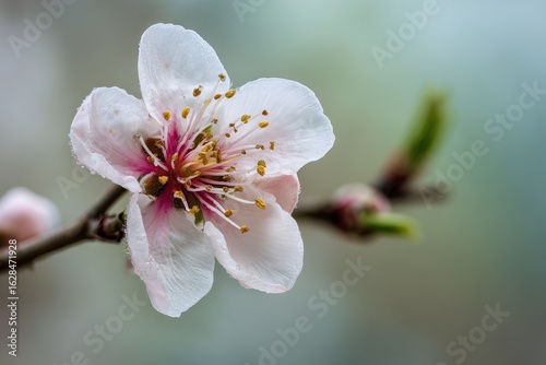 Intimate View of a Peach Blossom Tree: Delicate White Flowers Against a Lush Green Backdrop