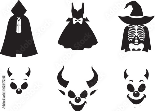 Spooky Halloween costume icons: witch, devil, and cape