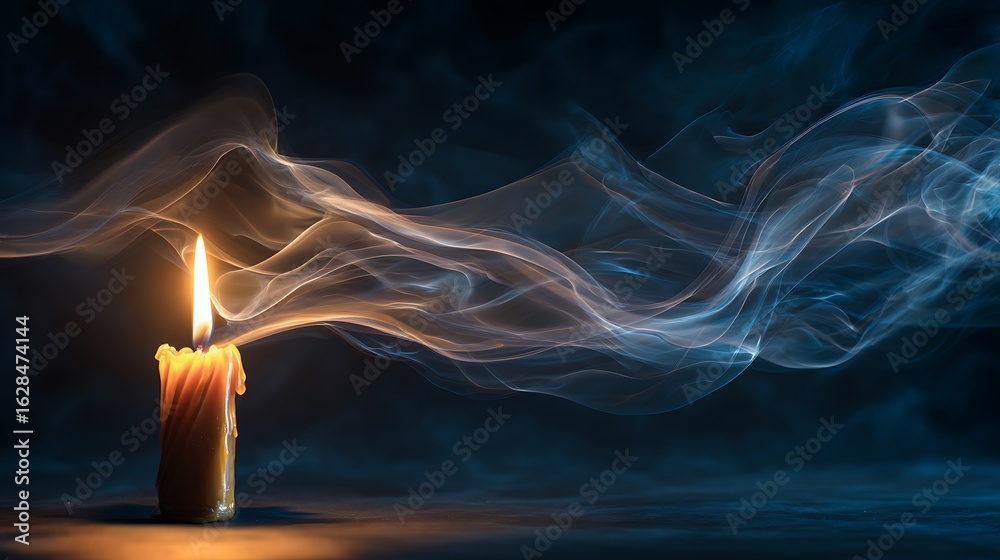 Naklejka premium A single candle burning brightly with a mesmerizing stream of smoke abstractly painted