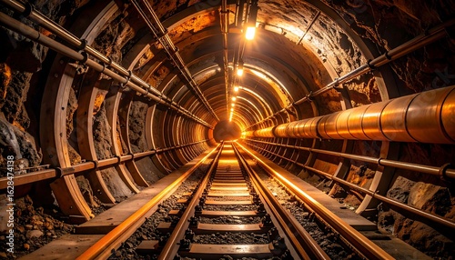 Exploring Railway Tunnel with Lights and Rock Formation