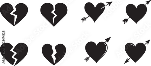 Broken and Pierced Heart Vector Icon Set, Love, Sadness, and Romance Symbols