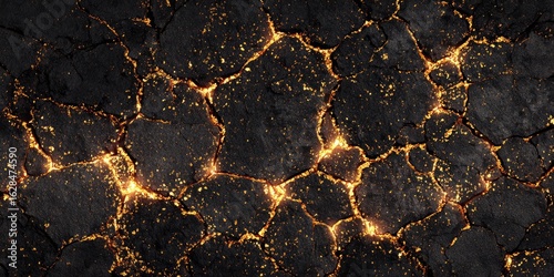Cracked dark rock surface with glowing gold veins