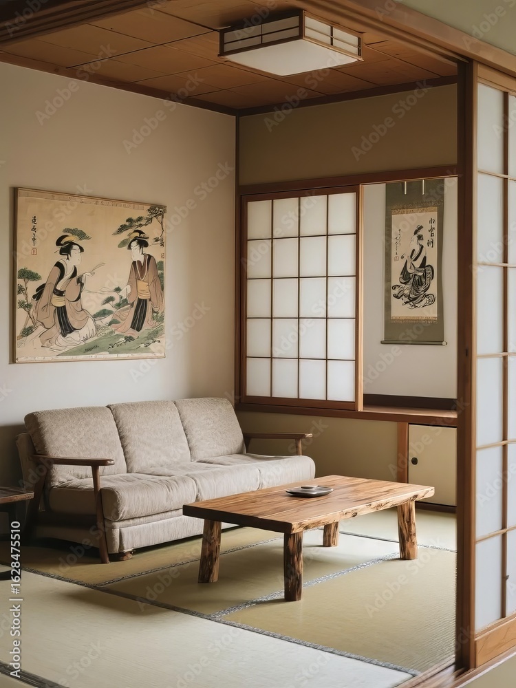 Fototapeta premium Traditional Japanese Living Room with Tatami Flooring and Shoji Screens