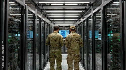 Two uniformed military personnel stand with their backs to the camera observing server racks in a data center symbolizing digital defense and secure infrastructure