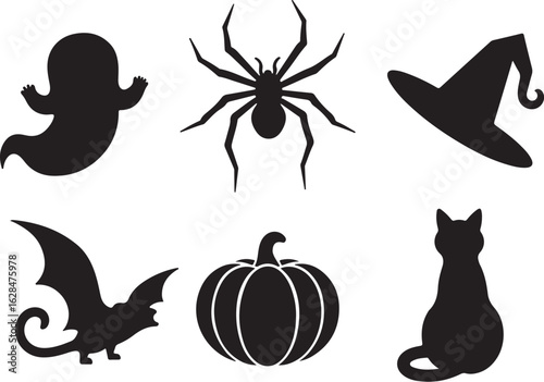 Spooky Halloween icons ghost spider pumpkin bat cat witch hat