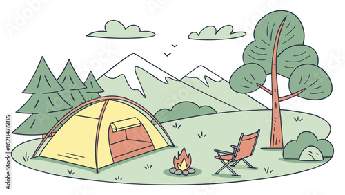A serene camping scene unfolds with a yellow tent crackling campfire and a comfortable chair set against a backdrop of majestic mountains and lush greenery