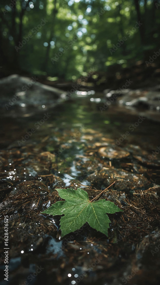 Fototapeta premium Stream leaf floating in a tranquil forest river wilderness