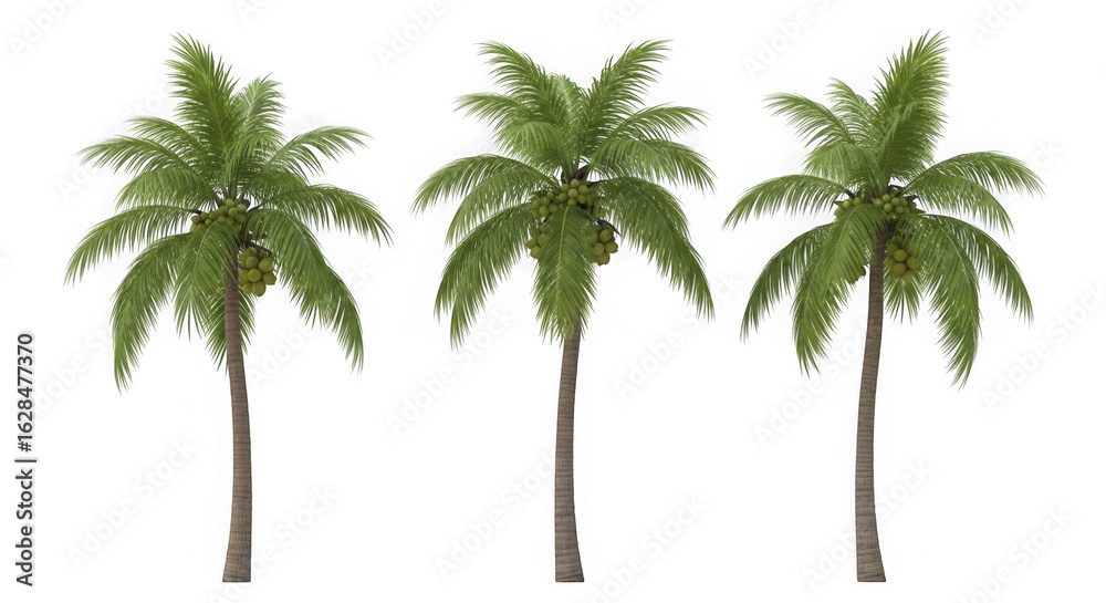 Obraz premium Three coconut palm trees isolated on transparent background in tropical landscape