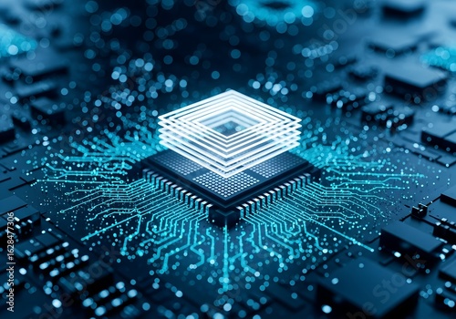 Futuristic glowing microchip processor with circuit board for advanced computer technology