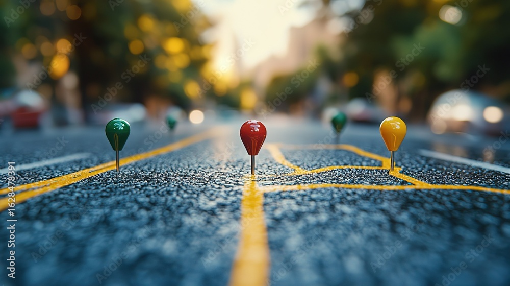 Fototapeta premium Colorful Map Pins on Urban Road for Navigation Concept 