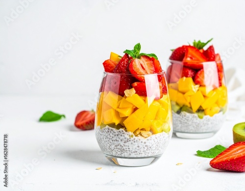 Healthy layered chia pudding with vibrant strawberries, mango, and mint in glasses on a white background.