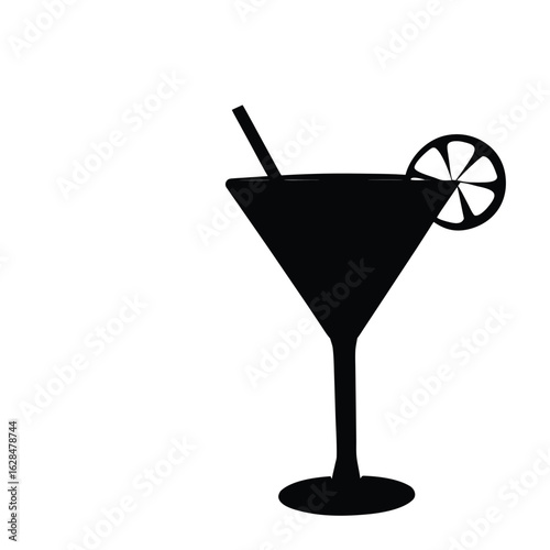 Black silhouette martini glass with straw and lemon slice on white background