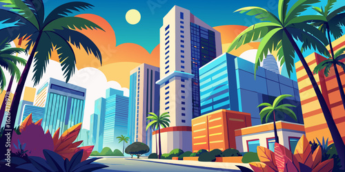 A vibrant urban cityscape at sunset, showcasing modern architecture, towering skyscrapers, and the bustling downtown district