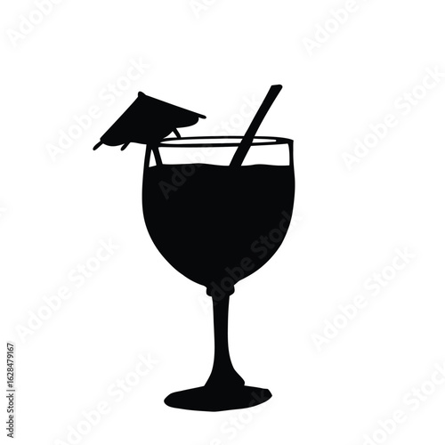 Black silhouette showcases a stem glass drink with umbrella and straw on transparent background