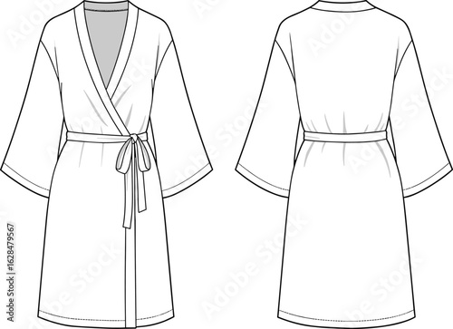 Bathrobe front and back view, fashion CAD drawing, flat vector sketch, kimono robe illustration, loungewear technical design, garment fashion template, cozy robe design