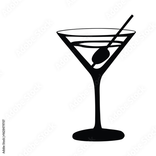 Black silhouette shows an olive in a martini glass with a transparent background