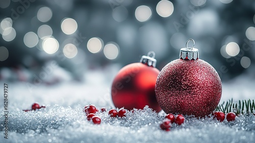 Red Christmas Ornaments on Snow with Bokeh Background and Holly Berries 