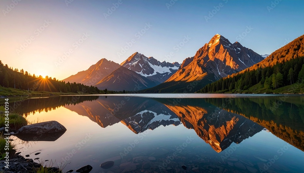 Fototapeta premium Golden-lit mountain peak reflected in tranquil lake—sunrise or sunset glow, scattered clouds, and a lone cabin nestled near the shore evoke harmony between nature and solitude.