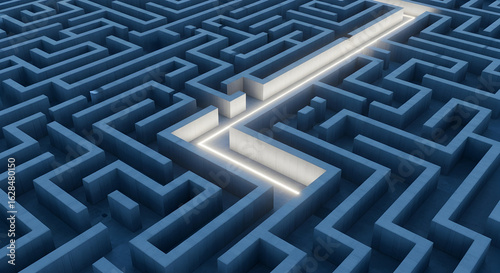A complex blue maze features a bright, illuminated path leading directly to the exit, symbolizing clear direction.