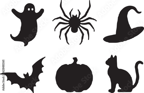 Spooky Halloween icons ghost spider pumpkin bat cat witch hat silhouette