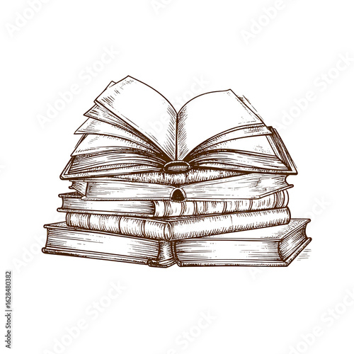  Vintage sketch of open book on stack of old books. Vector retro hand drawn illustration