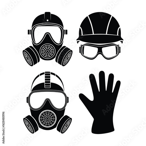 Protective gear silhouettes with gas mask, helmet, goggles, and gloves in black and white