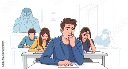 Students experiencing anxiety and stress during an important examination session in a classroom setting struggling with difficult questions