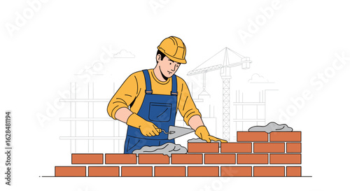 Skilled construction worker applying mortar to build a brick wall on a building site with cranes in background illustration