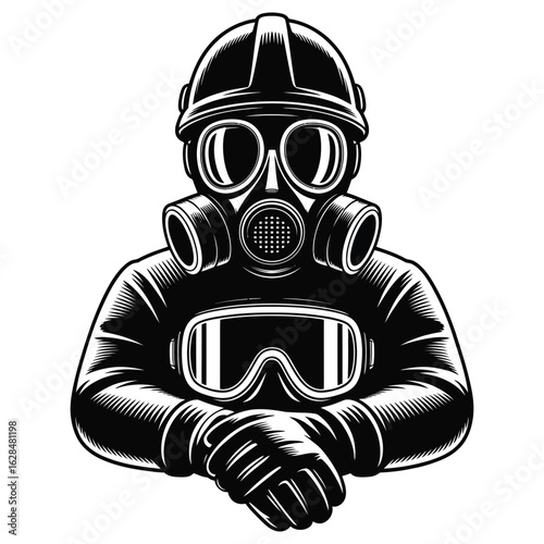 Protective gear silhouettes with gas mask, helmet, goggles, and gloves in black and white