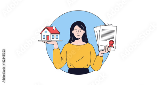 A person balancing a house and legal documents on her hands represents property ownership and contractual agreements.
