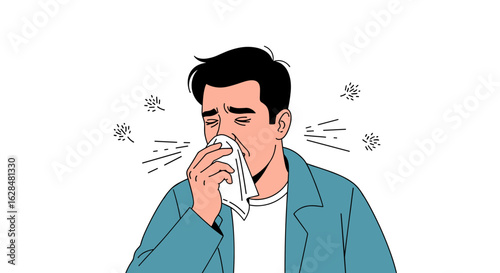 Man holding a tissue to his nose while sneezing outwards spreading germs into the air