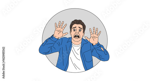 Man shows fear and shock with palms outstretched looking directly into the viewer with wide eyes