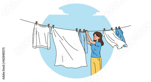 Woman hanging laundry on clothesline on a sunny day drying clothes outdoors fresh air wind natural process