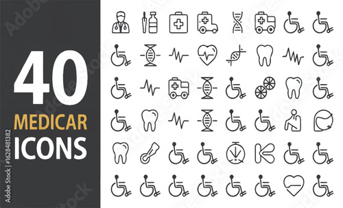Comprehensive set of 40 medical and healthcare line icons. Vector symbols collection for hospital, clinic, wellness, and pharmacy topics.