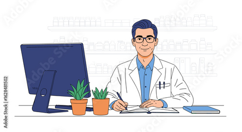A professional pharmacist engaged in detailed work at his computer desk surrounded by shelves of medications