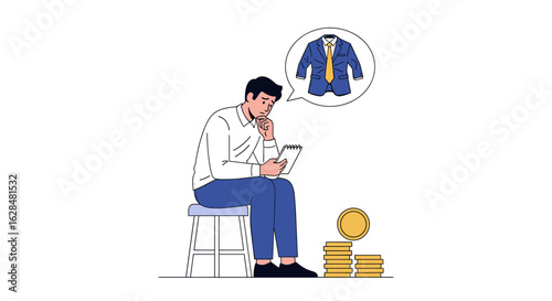 Man contemplates a career change deciding between his current financial situation and aspiring to a new professional role
