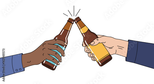 Two people clinking brown glass beer bottles together in a celebration toast with a white background