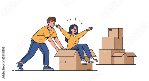 Moving day fun experience with friends and cardboard boxes while relocating to a new home