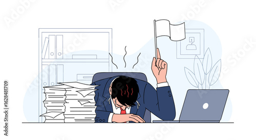 Exhausted businessman surrendering to overwhelming workload and deadline pressure causing extreme stress