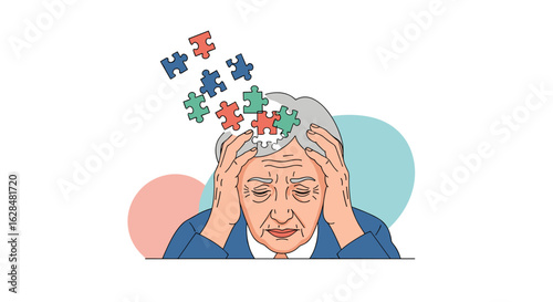 Elderly man's head with scattered puzzle pieces symbolizing memory loss and cognitive decline associated with aging or illness