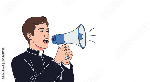 A reverend or clergyman enthusiastically addresses a crowd using a megaphone for public announcement