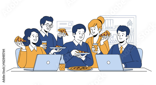 Team enjoying a pizza lunch break together at the office with laptops