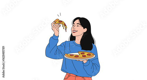 Young woman enjoying a delicious slice of pepperoni pizza holding a whole pie with cheese pull